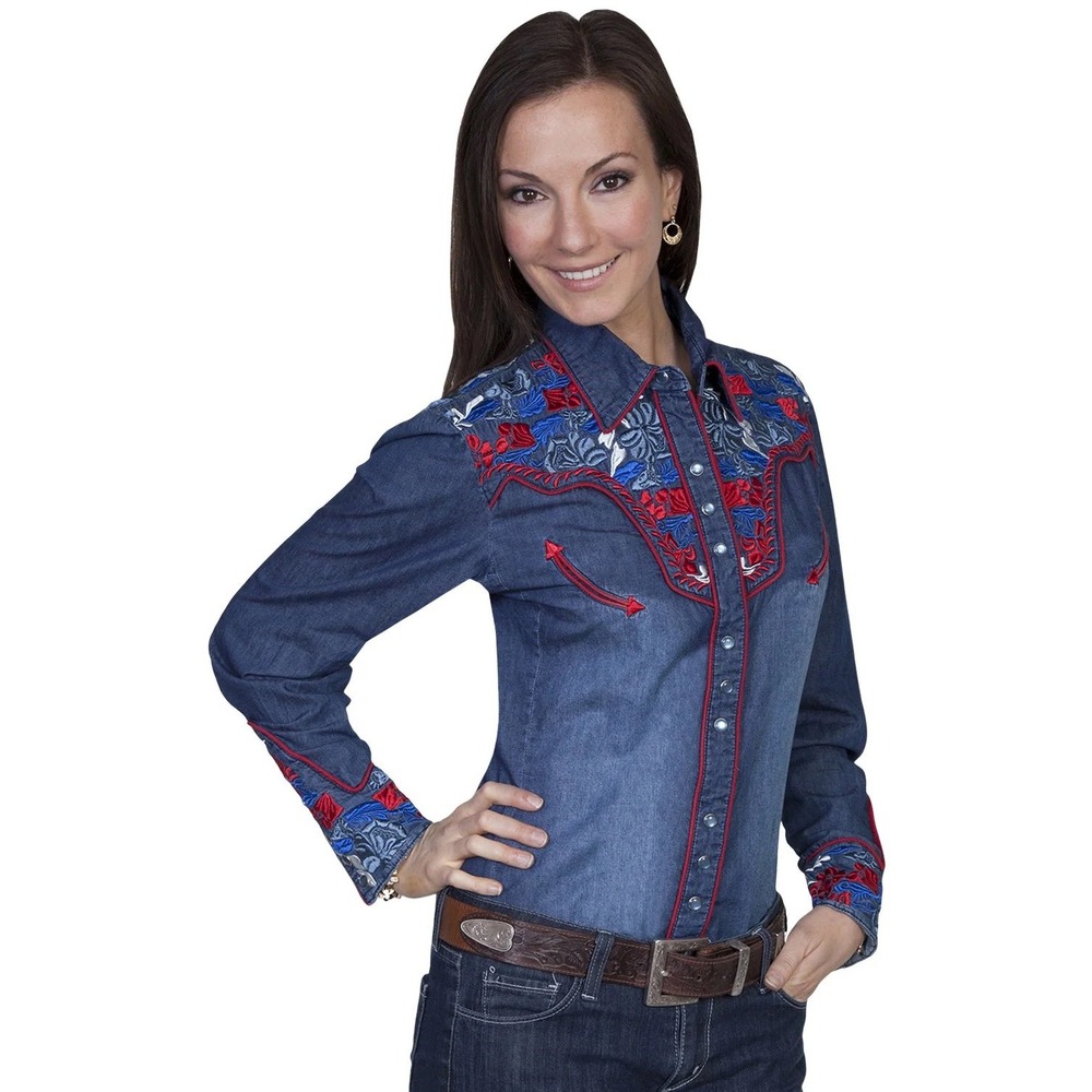 Scully Western Shirt Blue Denim Floral Embroidered XL Cowgirl Boho Bohemian